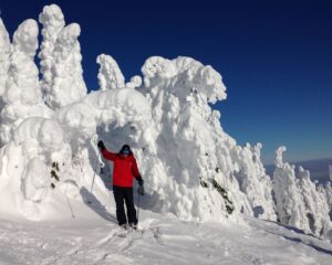 Bart Haggin in his ski gear, wearing a red jacket and black pants, on Mt. Spokane standing in front of snow-covered trees.