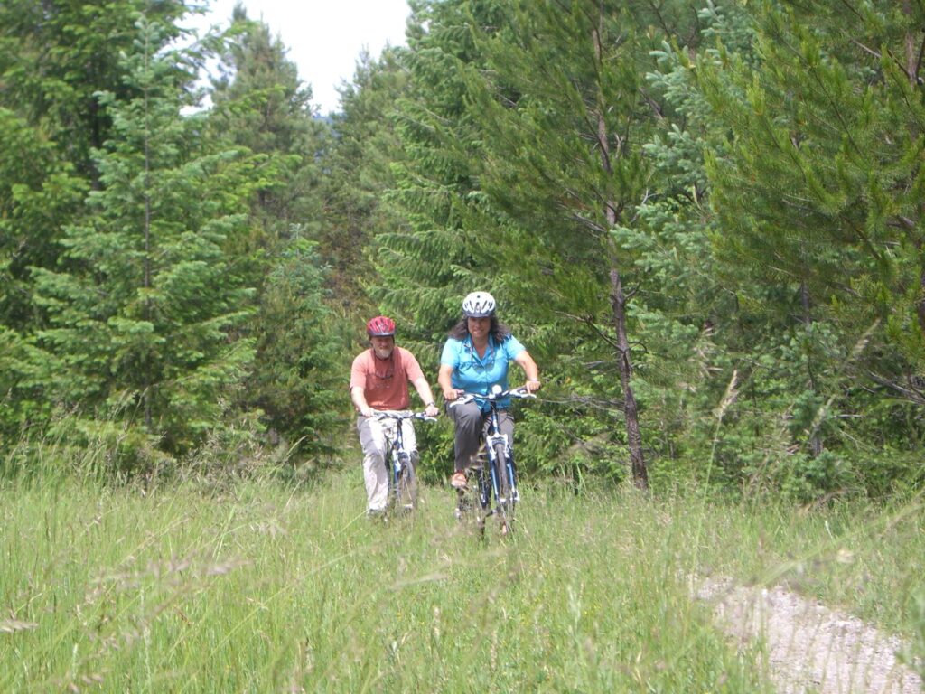 Two bikers pedaling on a trail through a meadow in a forest in North Idaho.