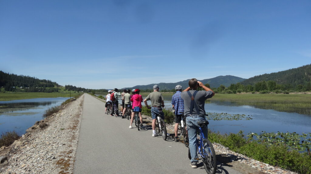 A line of cyclists stopped along the Trail of the Coeur d'Alenes, with water bodies on both sides of the trail. People using binoculars for bird watching.