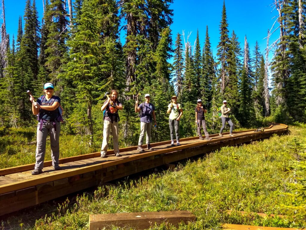 volunteer trail builders standing on a trail boardwalk-bridge in the forest, holding mallets