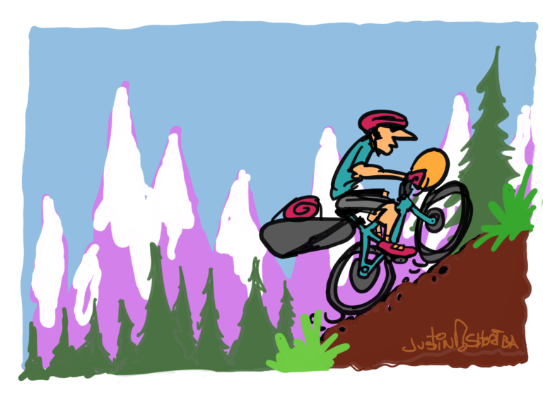 Illustration of a mountainn biker grinding up a mountain.