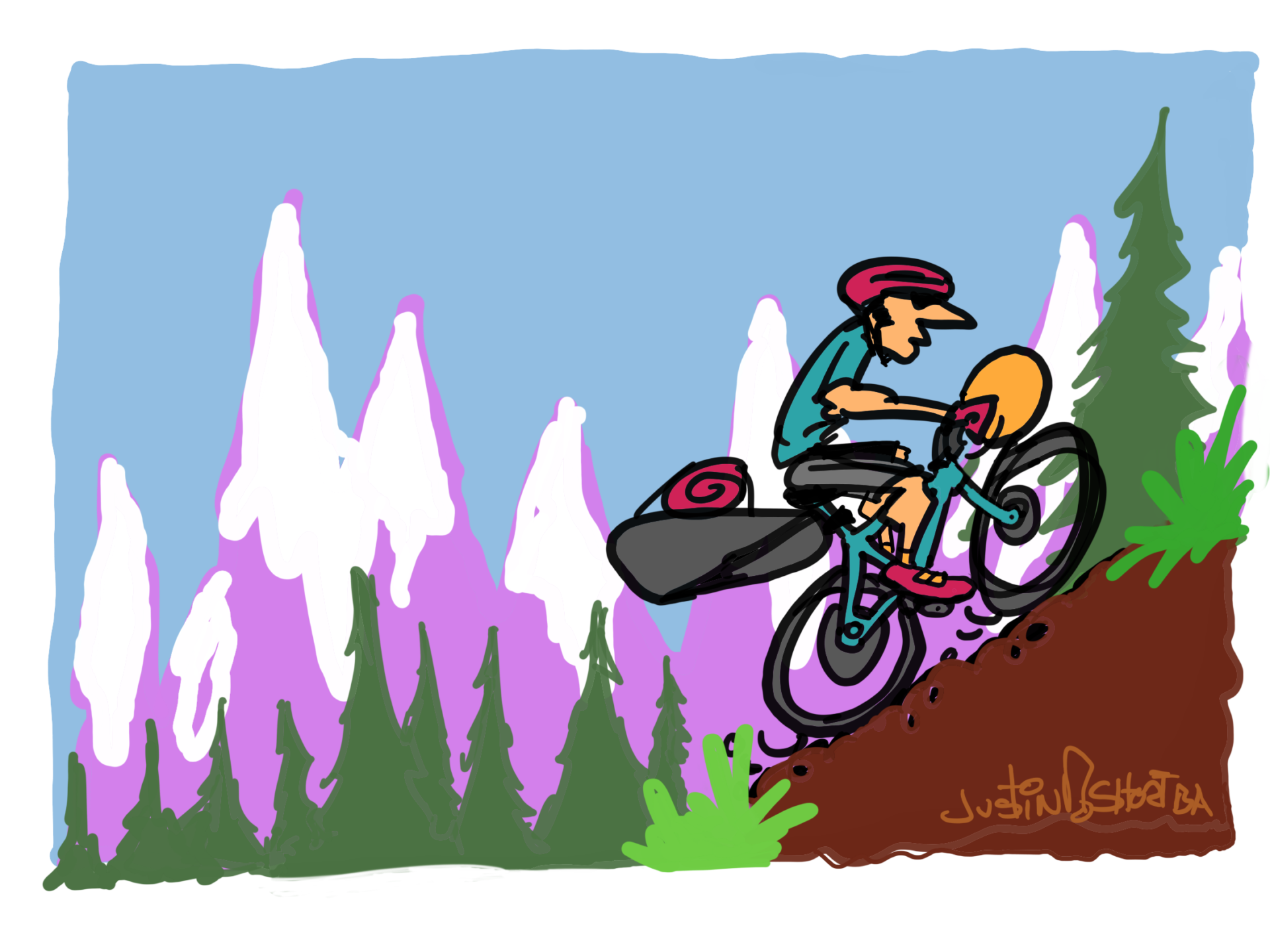 Illustration of a mountainn biker grinding up a mountain.