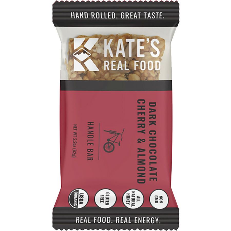 Kate's Real Food organic energy bar in a magenta-colored wrapper.