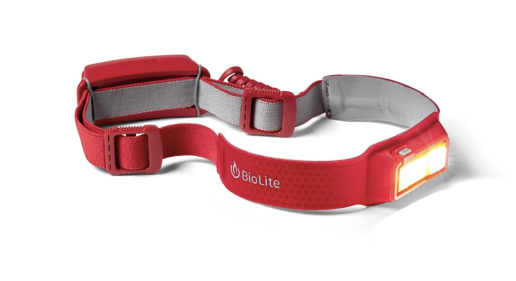 Red colored BioLite rechargeable headlamp.