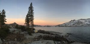 Sunset view at Lake Aloha with the author's tent in the foreground.