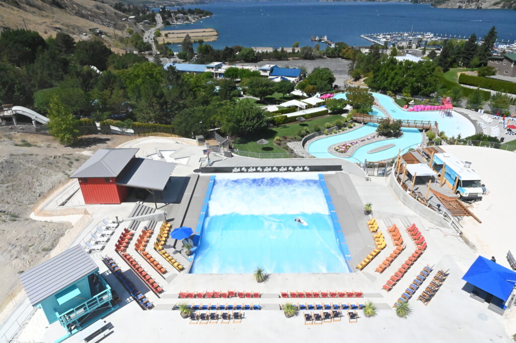 Aerial view of the Citywave USA at Lakeside Surf, in Slidewaters Water Park, with a view of Lake Chelan in the background.