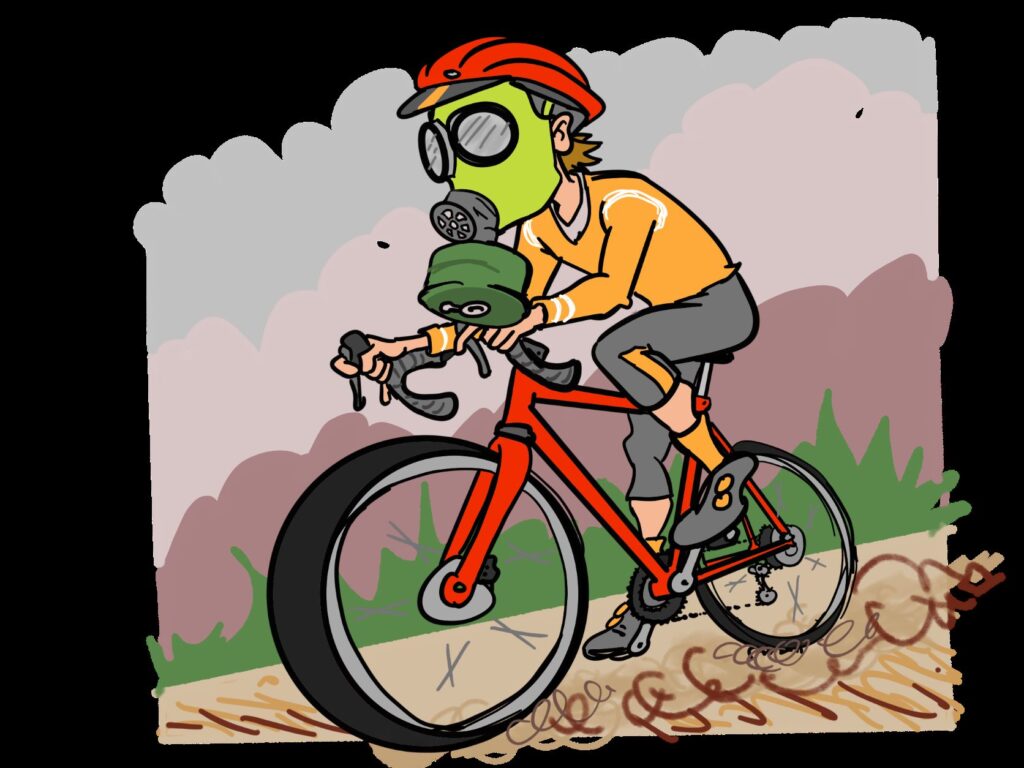 Illustration of a cyclist riding with a gas mask on his face to protect from wildfire smoke.