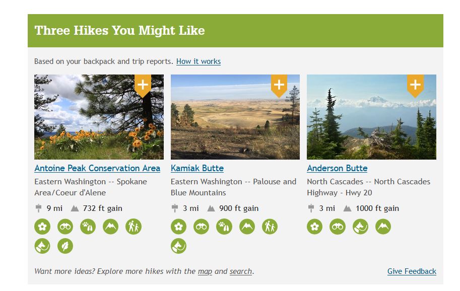 Screenshot of WTA.org webpage showing the My Backpacker hike recommendation feature.