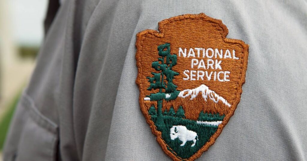 National Park Service patch, brown with green pine tree and snowy mountain peak, on the sleeve of a park ranger.