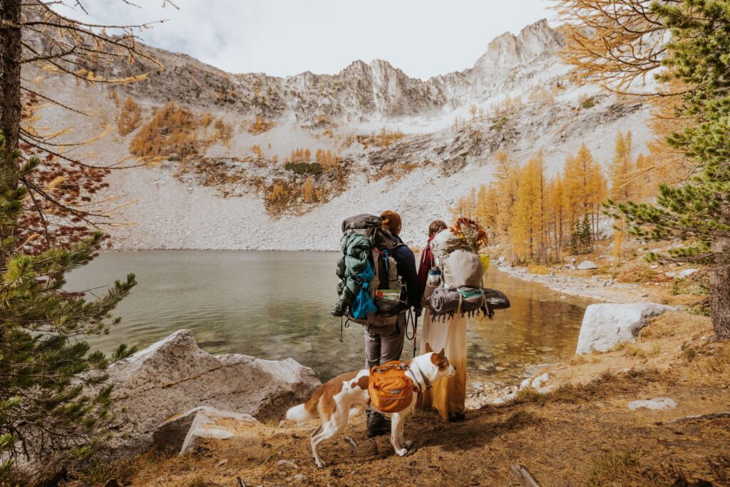 Couple wearing backpacks and holding hands alongside an alpine lake, with their dog, ready to get married.