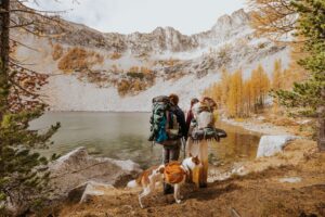 Couple wearing backpacks and holding hands alongside an alpine lake, with their dog, ready to get married.