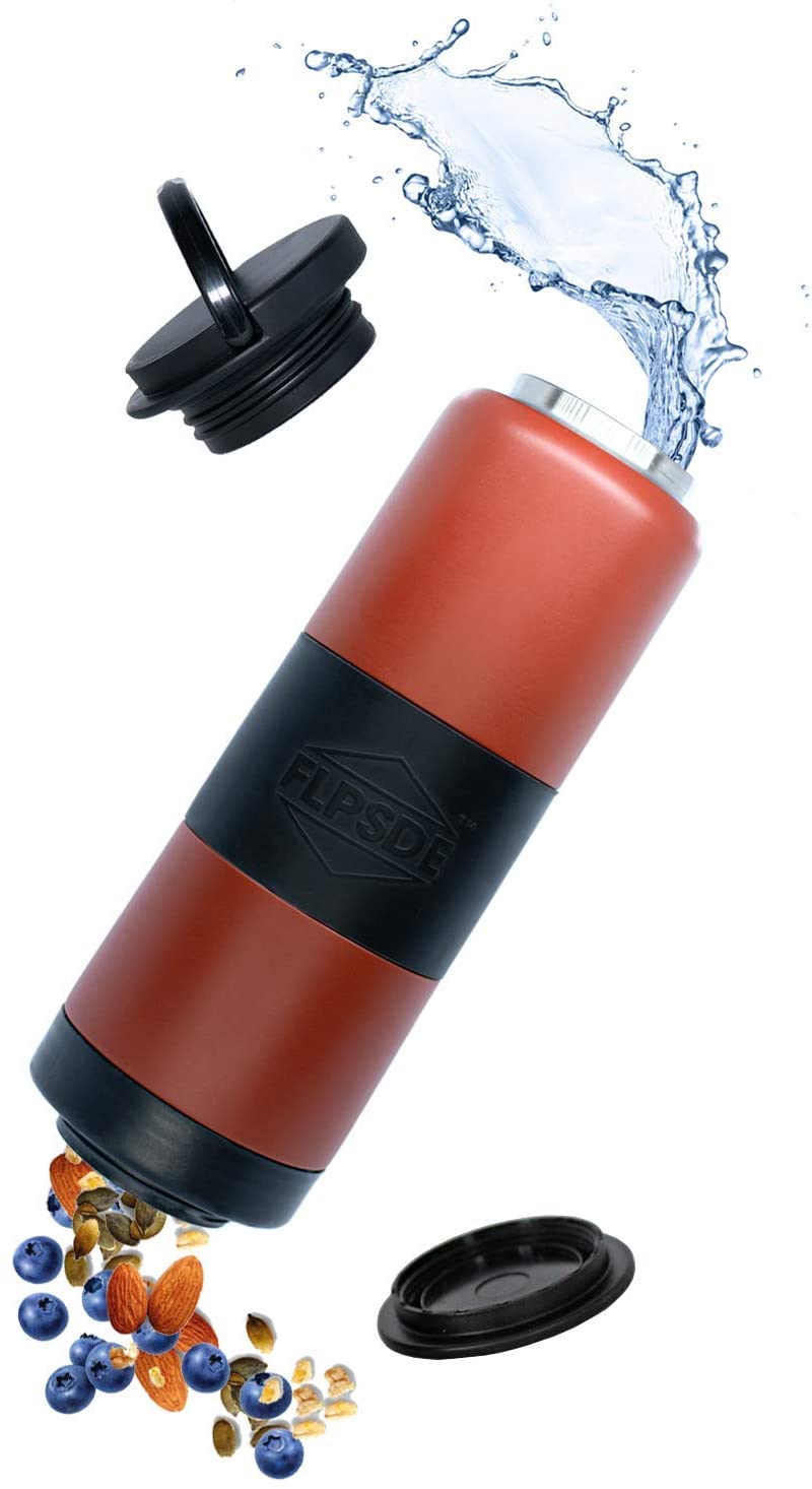 Flpsde Drink & Snack Bottle - solid red water bottle with a solid-black silicone band around the middle -- water coming out of one end and snacks falling out of the other.