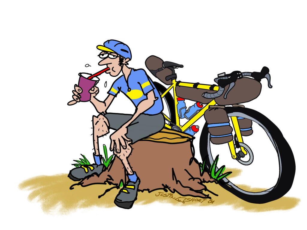 Illustration of author/cyclist slurping a huckleberry milkshake while sitting on a tree stump with mountain bike, loaded with panniers and bikepacking gear, leaning against stump.