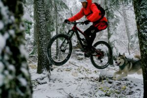 Photo essay by Aaron Theisen, featuring five photos that depict the beauty and fun of mountain biking during the fall-winter transition.