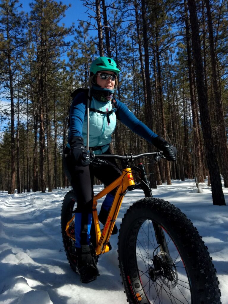Rider Lisa Phillips enjoying groomed trails on her fat-tire bike in Riverside State Park.