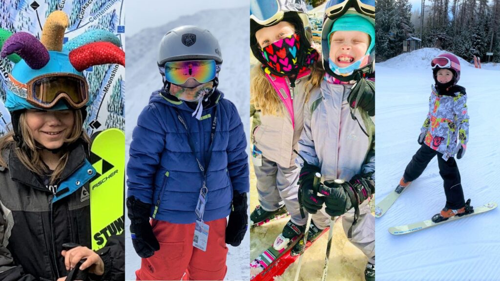Photo collages of young skiers and snowboarders.