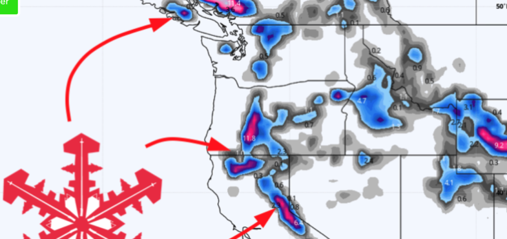 Graphic of La Nina weather predictions winter with map of Pacific Northwest, with red arrows pointing to areas predicted to receive heavy snowfall.inter 2021-22. // Courtesy of SnowBrains.com