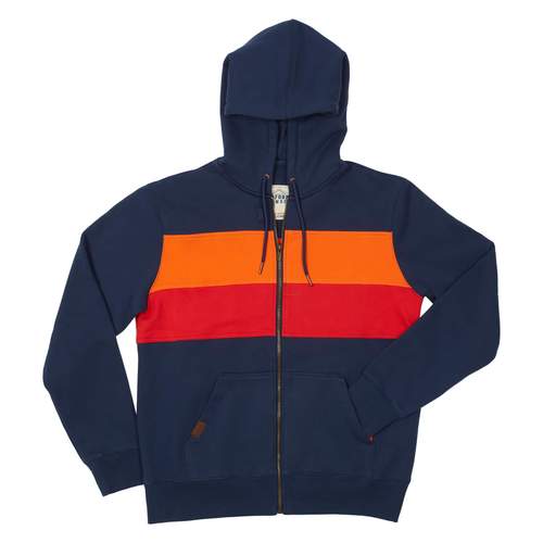 PCH Hoodie from California Cowboy -- blue full-zip hoodie with orange and red horizontal stripes across the chest area.