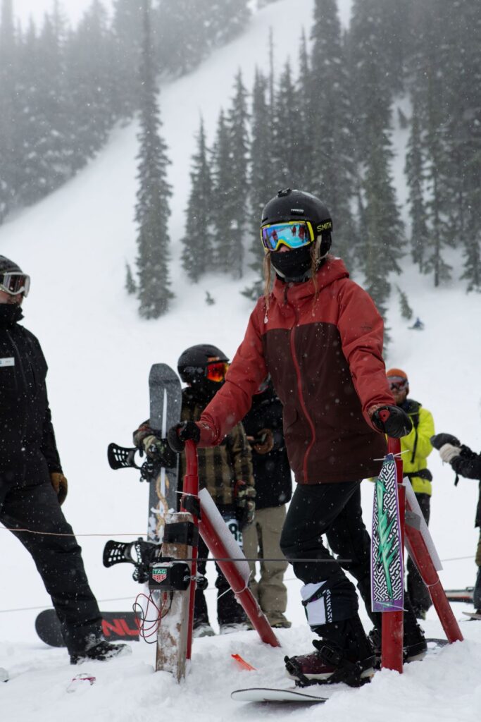 Emma Hall in the starting gate at Silver Mountain's Doug E Banked Slalom competition.