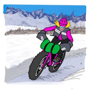 Illustration of a person fatbiking on a snow covered trail.