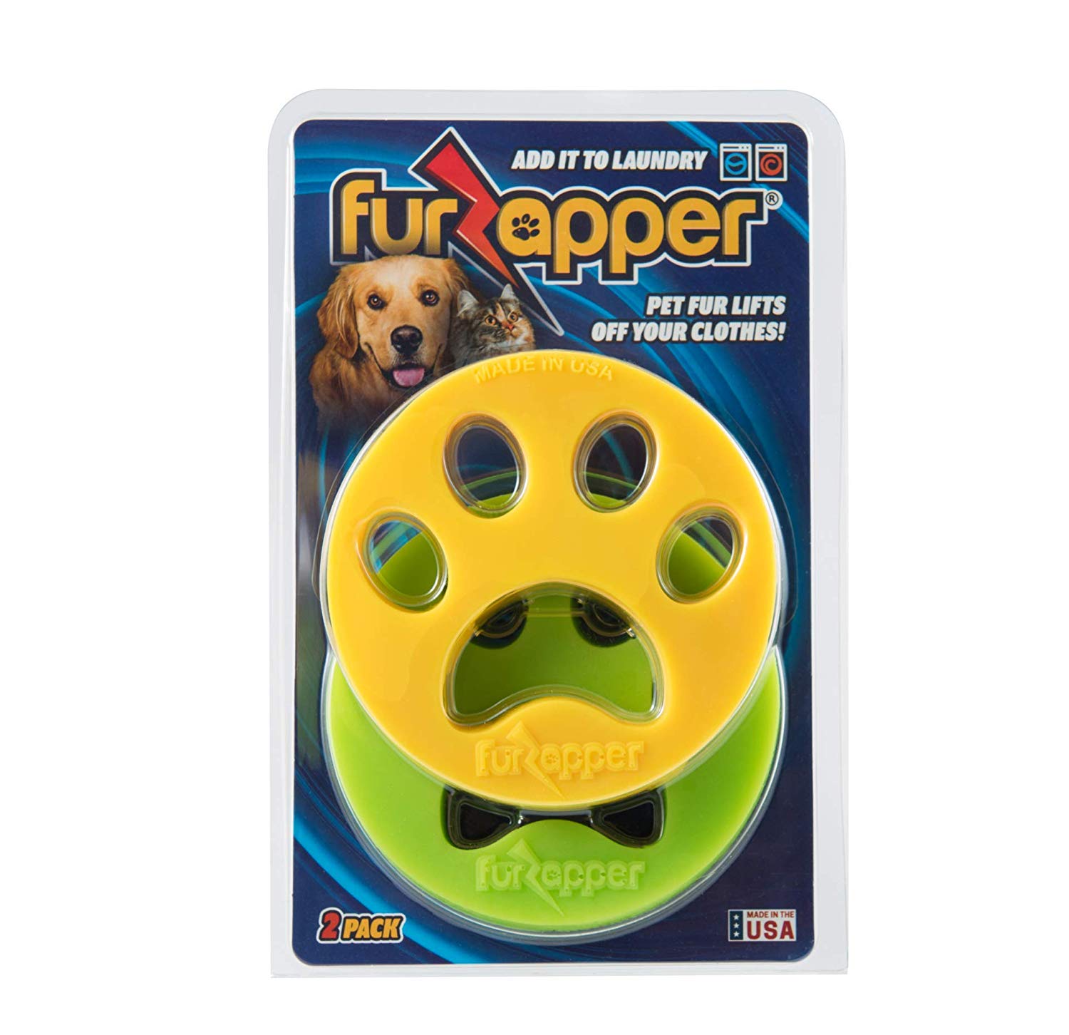 Fur Zapper pet fur remover, green and yellow discs with paw print design.