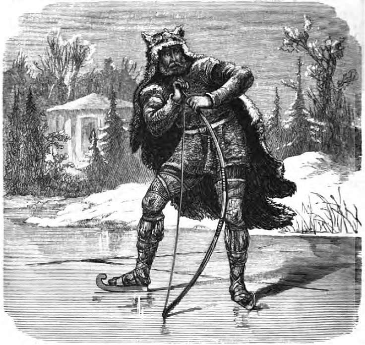 Captioned as "Uller". Leaning on a bow and wearing ice skates, the god Ullr stands atop a frozen lake. In the background stands a building and evergreen trees.