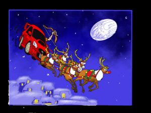 Illustration of a car attached to reindeer, like Santa's sleight, flying through the sky.