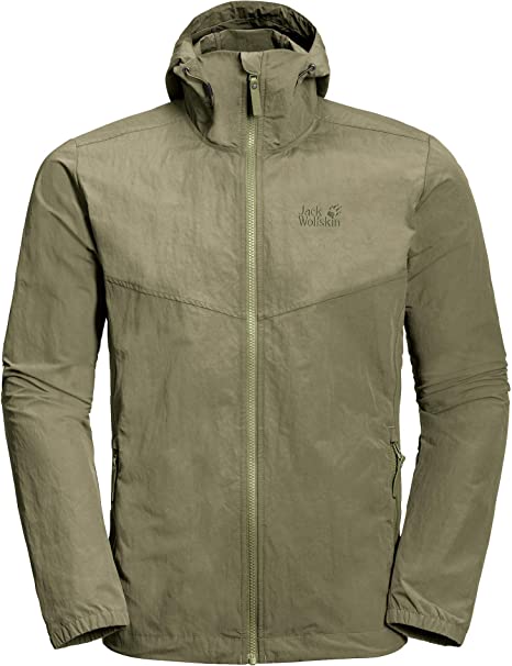 Jack Wolfskin Mosquito-Proof Jacket- zippered front, hood, long sleeves, and solid-light brown colored.