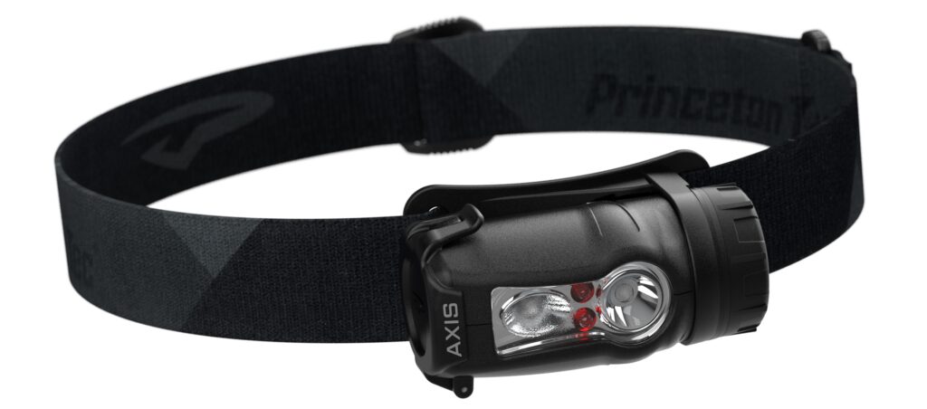 Princeton Tec LED dual light headlamp, black with black adjustable headband.
