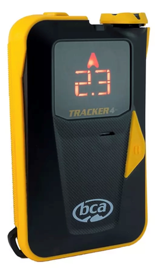 Backcountry Access Tracker4 Avalanche Receiver with yellow, molded casing and black face with digital screen.
