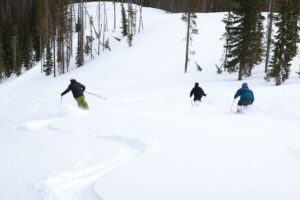 Lookout Pass Terrain Expansion: Brad Naccarato, Matt Landheim, and Sam Landheim skiing fresh powder down the lower part off Eagle Peak. S-turn ski tracks in deep powder.Photo: James Nisbet