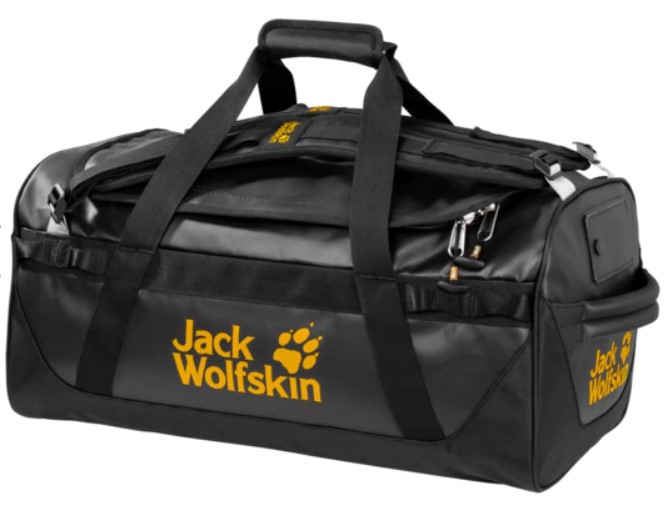 Solid black duffel-trunk travel bag with zipper top compartment, side handles, and top handle and straps, with yellow brand name and wolf paw print on all sides.