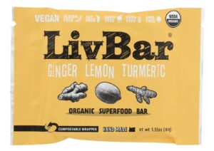 LivBar Whole-Food Bar with yellow wrapper.