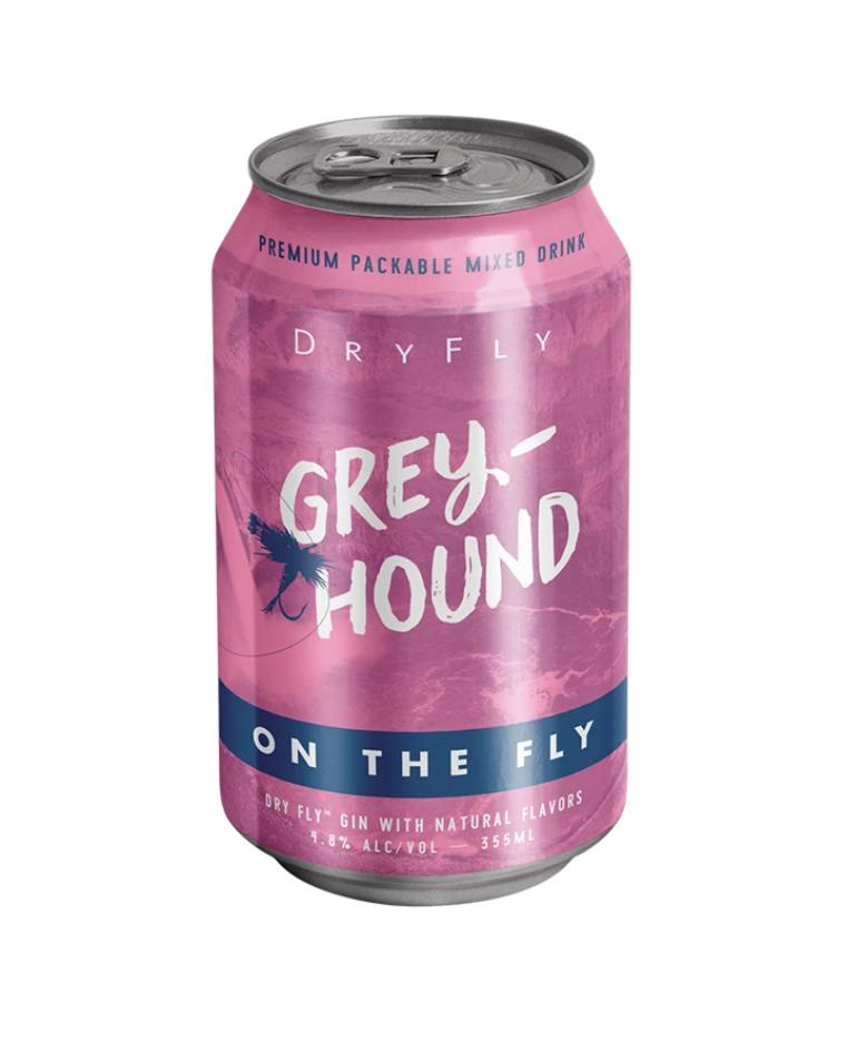 Dry Fly Grey-Hound “On The Fly” canned cocktail -- light maroon colored aluminum can with white and blue graphics and text.