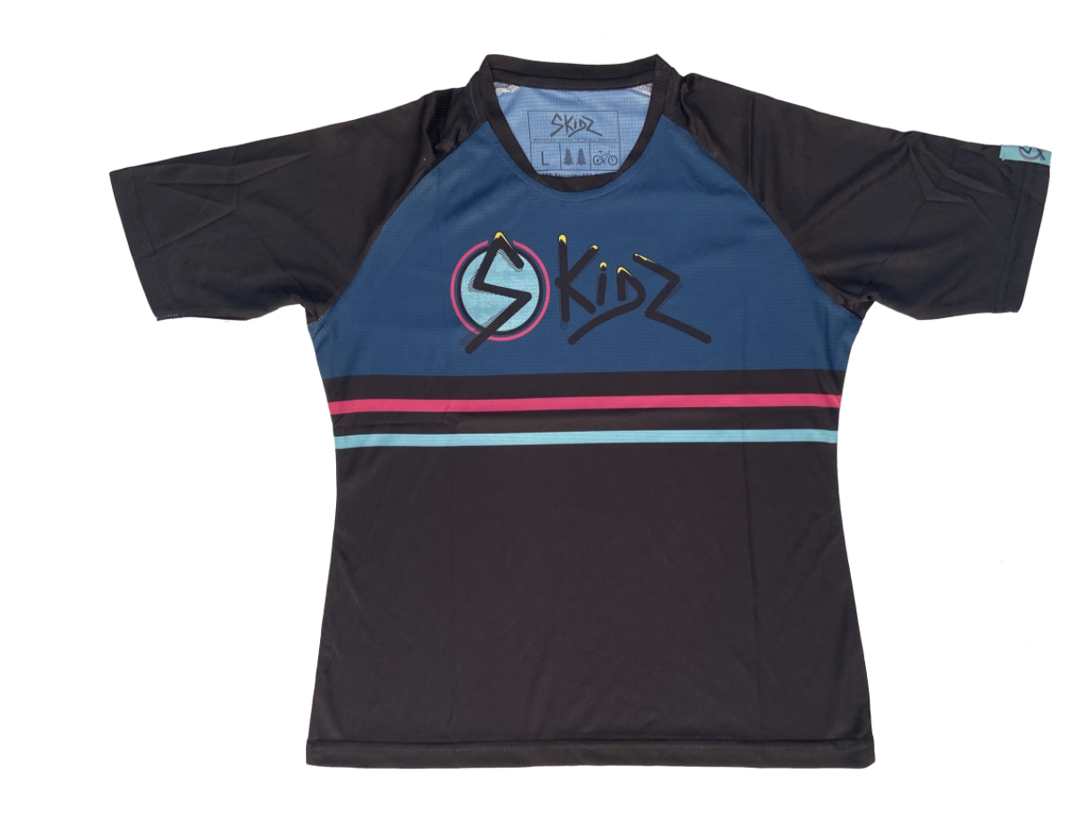 Skidz Kids mountain-biking shirt, blue with two stripes, orange and green, around the torso.
