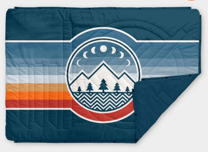 Voited outdoor camping PillowBlanket-Camp Vibes 2 color pattern, with blue background, blue, white, orange and red horizontal stripes, and center graphic that includes a circle with graphic outline of mountain, trees, and moon phases.