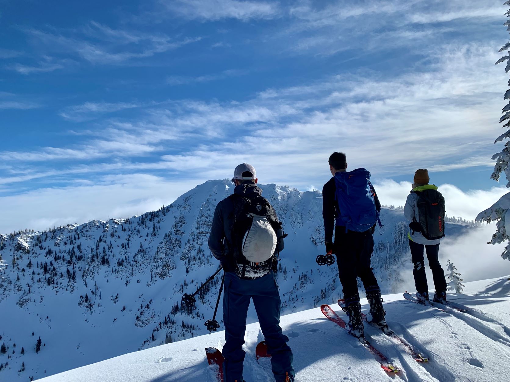Three backcountry skiers, backs to the camera, looking over the edge, preparing to ski down, with a snowy ridge line farther beyond.