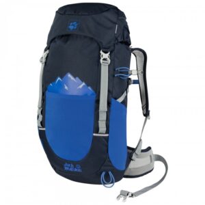 Jack Wolfskin kid backpack with blue main compartment, black rain cover, and black straps.