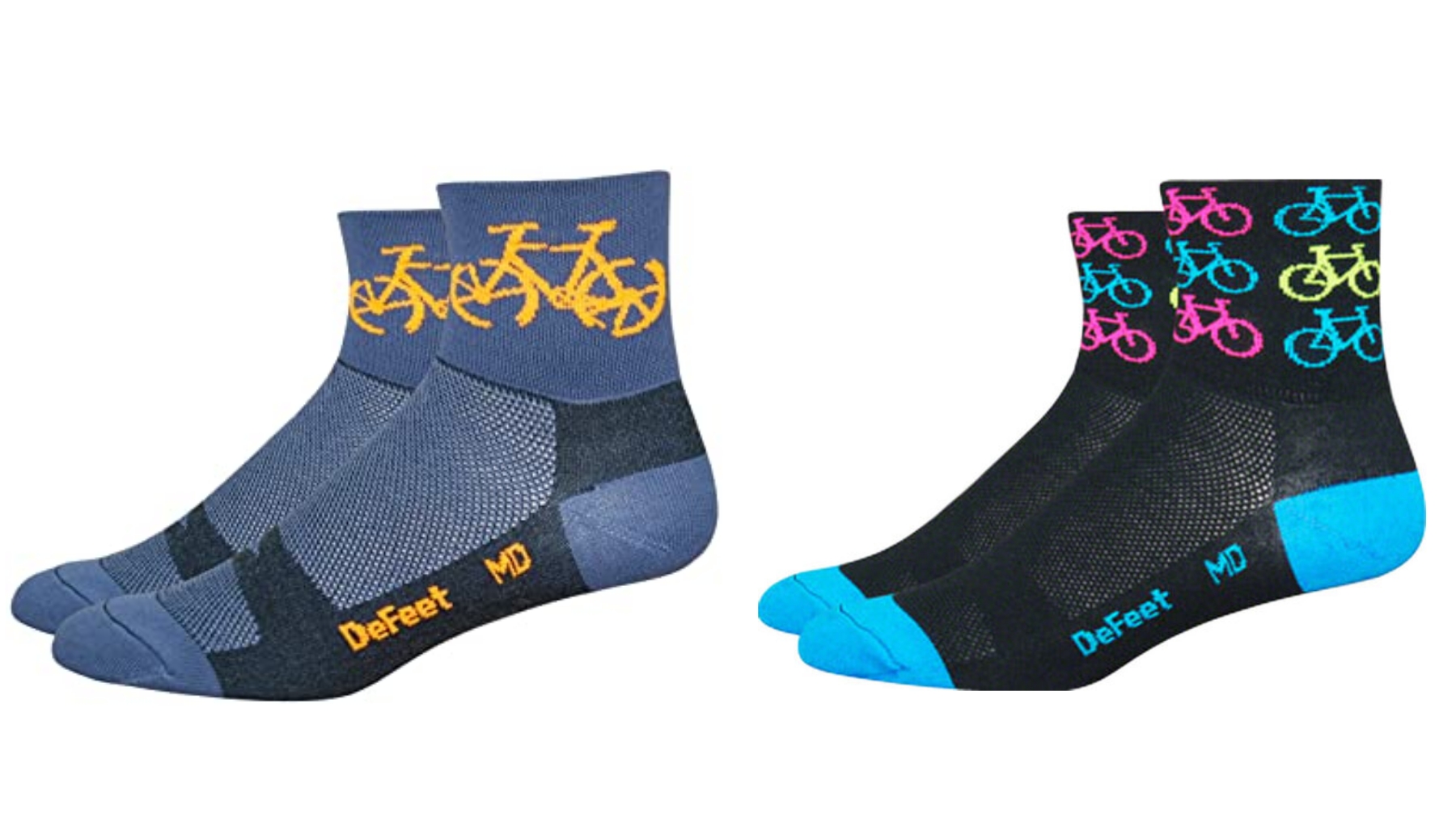 Two pairs of DeFeet brand cycling socks.