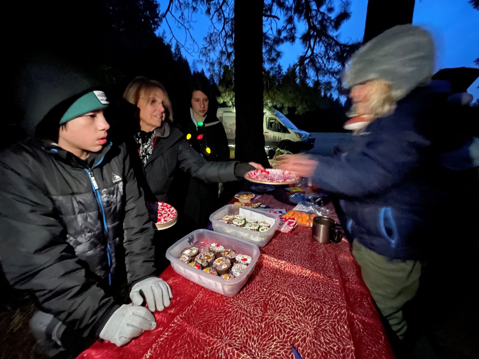 Food buffet line at an outdoor party, with guests dressed in warm jackets, hats, and gloves.