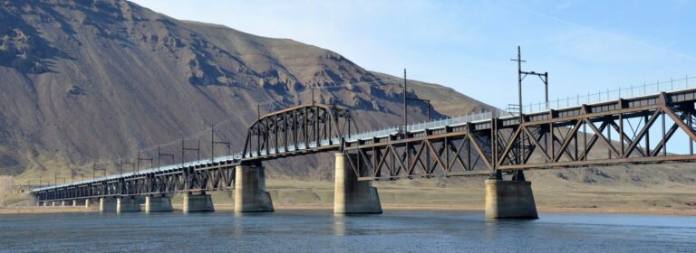 View of the newly resigned and restored Beverly Bridge over the Columbia River, along the Palouse to Cascades Trail State Park.