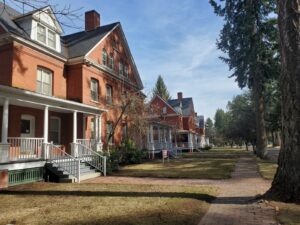 Cobblestone sidewalks and brick historical buildings that were former Army Officer housing, located on the Mukogawa U.S. campus.