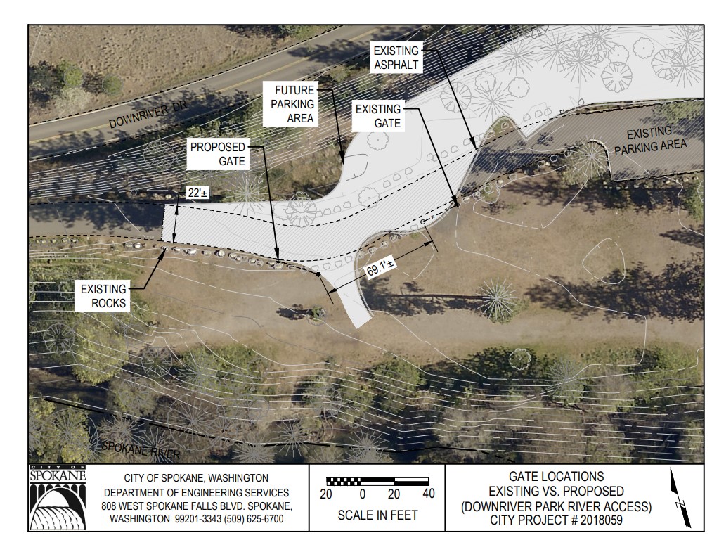 Aerial view of river access parking area and proposed changes with new gate and parking area.