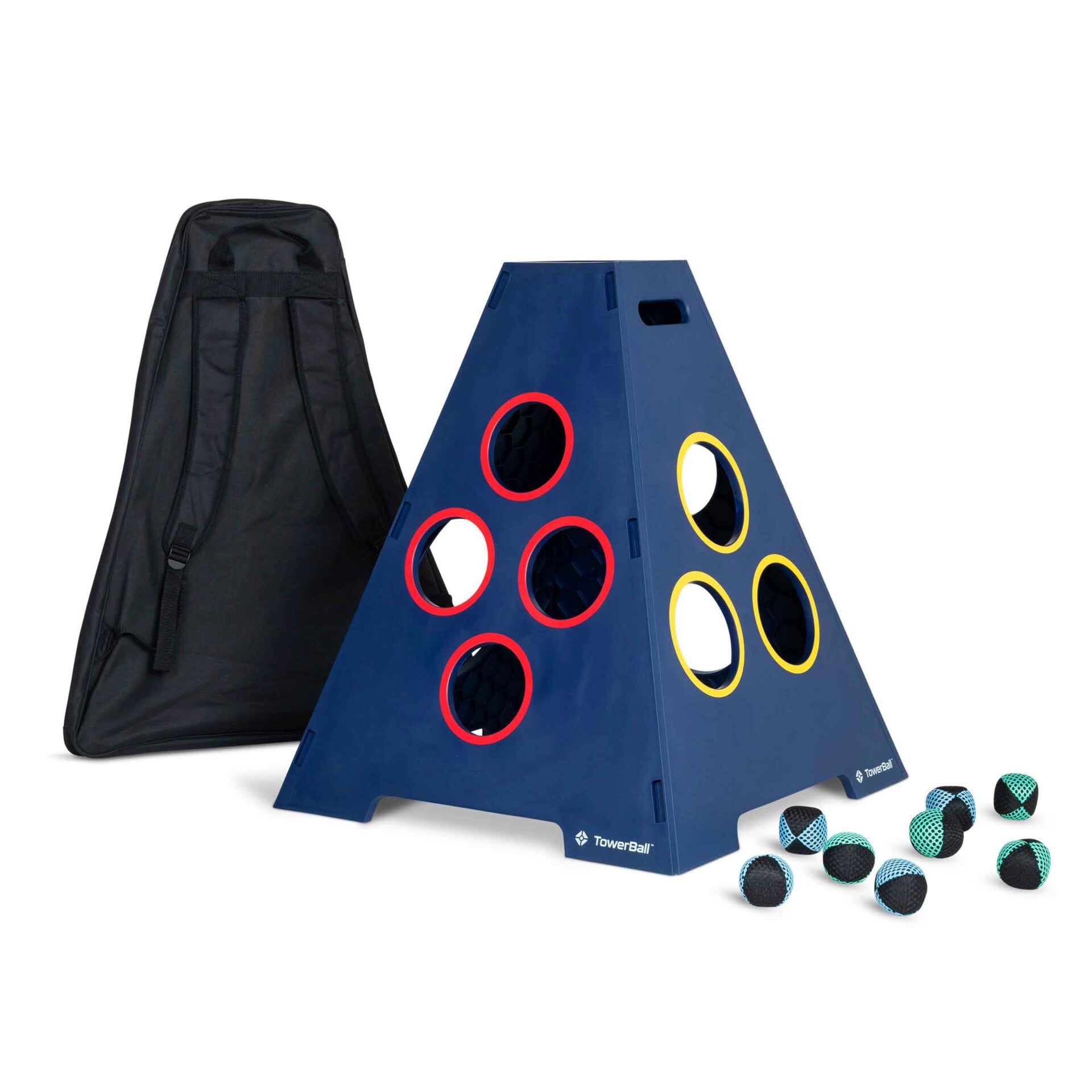 TowerBall yard game comes with a four-sided, 360-degree collapsible tower with a range of one-to-four holes on each side, and 8 soft balls.