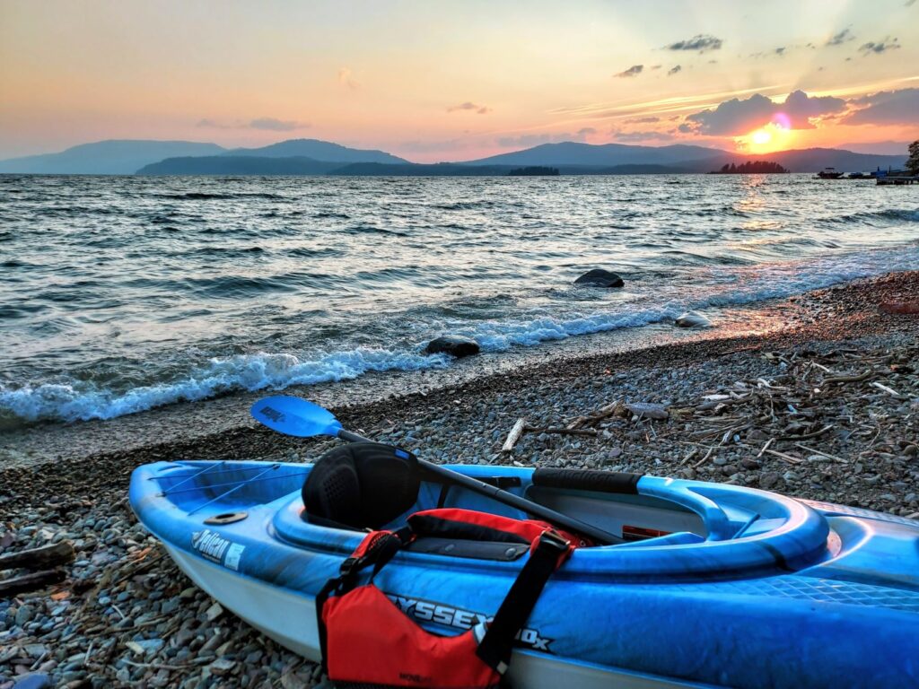 Beach at sunset at Lake Pend Oreille at Sam Owen Campground.