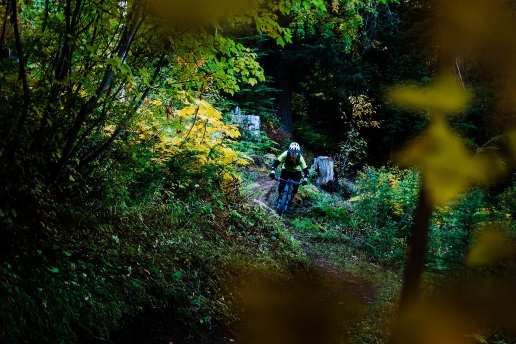 Mountain biker navigating singletrack at Schweitzer Basin trails in Sandpoint, Idaho. 