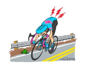 Illustration of a man cycling on a speedy road bike with 3 red lightening bolts pointing to his rear-end indicating pain.