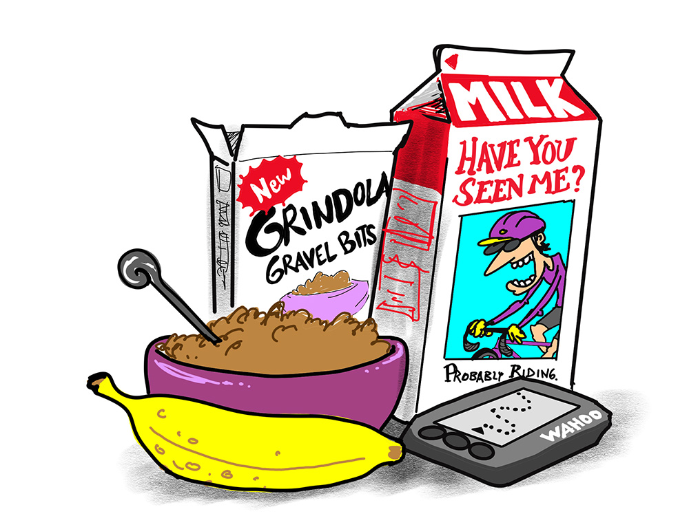 Illustration of a milk carton with a "Have you seen me?" notice of a lost biker, Wahoo GPS device, and breakfast cereal and banana.