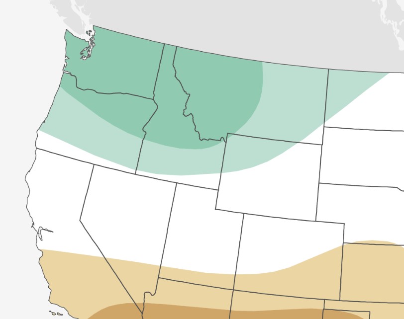 Data map of the western U.S, with color-coded areas indicating areas of normal and above average snowfall for winter 2022-2023. // Image courtesy of NOAA.com.