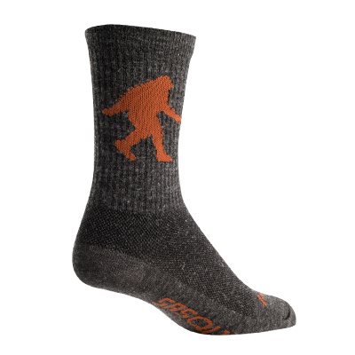 Black socks with a graphic of Sasquatch.